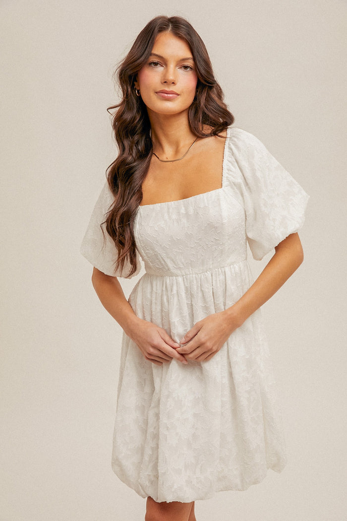 White Chiffon Jacquard Print Square Neck Maternity Bubble Dress
