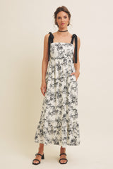 Cream/Black Floral Print Shoulder Bow Tie Midi Dress