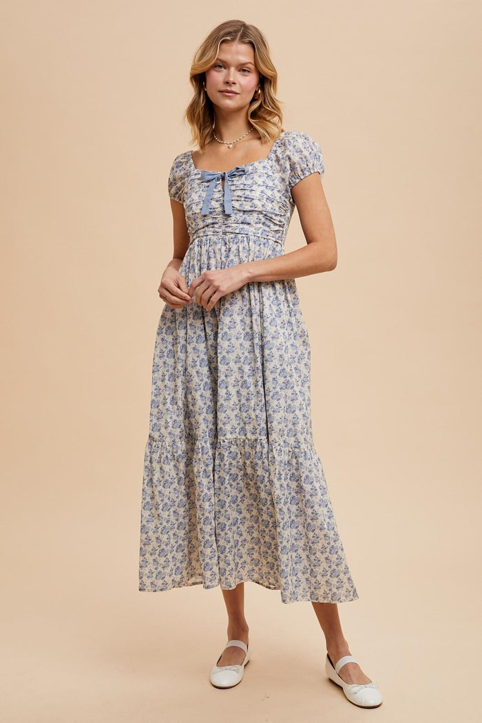 Light Blue Floral Ruched Bow Tie Floral Maternity Maxi Dress