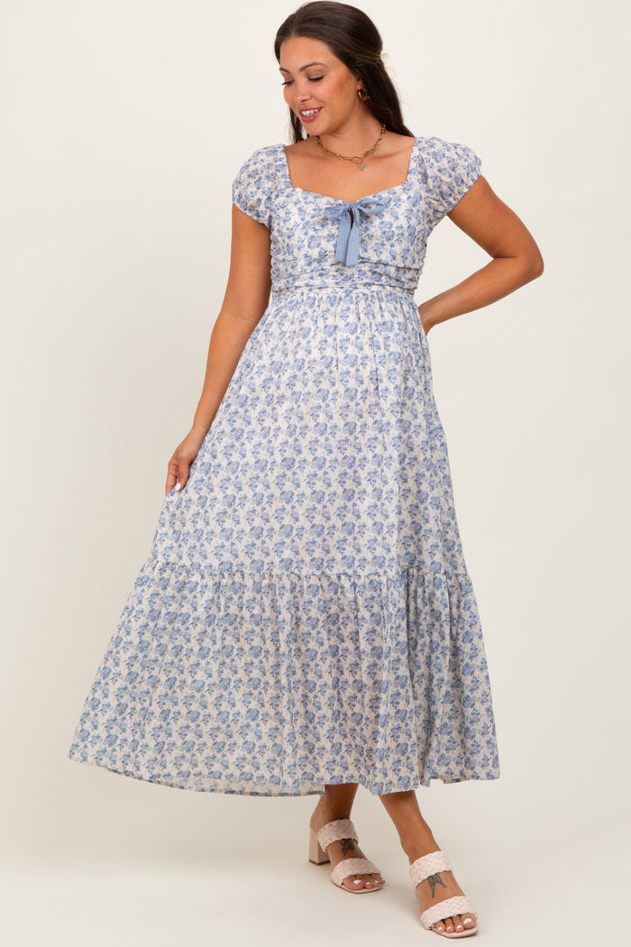 Light Blue Floral Ruched Bow Tie Floral Maternity Maxi Dress