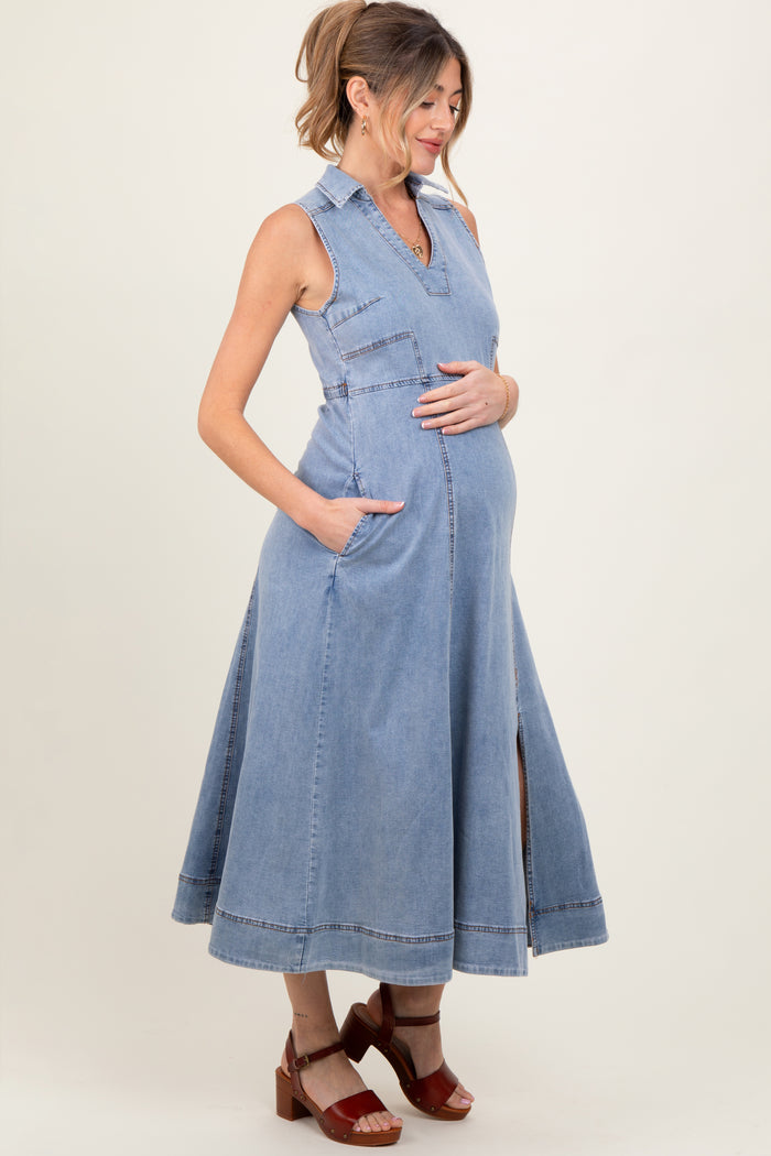 Blue Medium Wash Collared Denim Flare Maternity Midi Dress