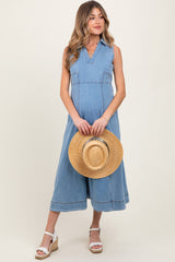 Light Blue Wash Collared Denim Flare Maternity Midi Dress