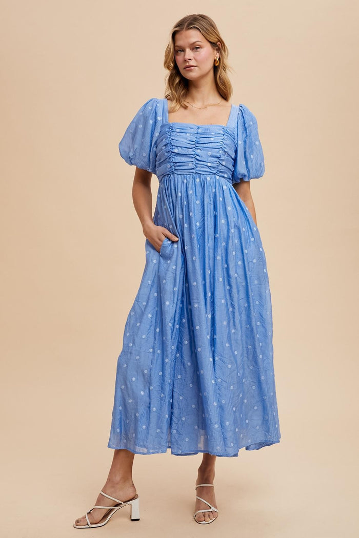 Blue Embroidered Shirred Puff Sleeve Maternity Maxi Dress