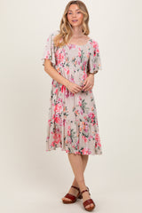 Pink Floral Smocked Maternity Midi Dress
