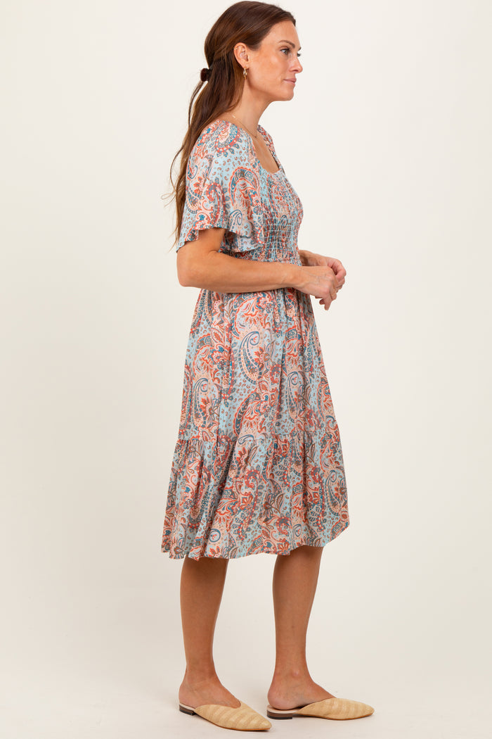Light Blue Paisley Floral Smocked Midi Dress