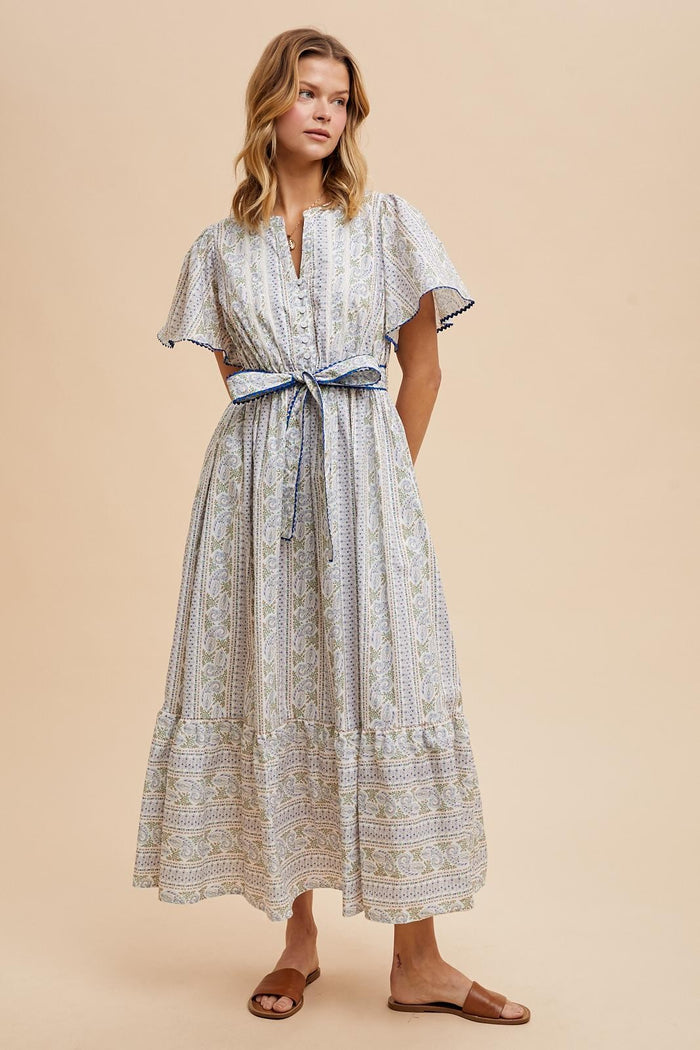 Blue Floral Flutter Sleeve Waist Tie Maternity Maxi Dress