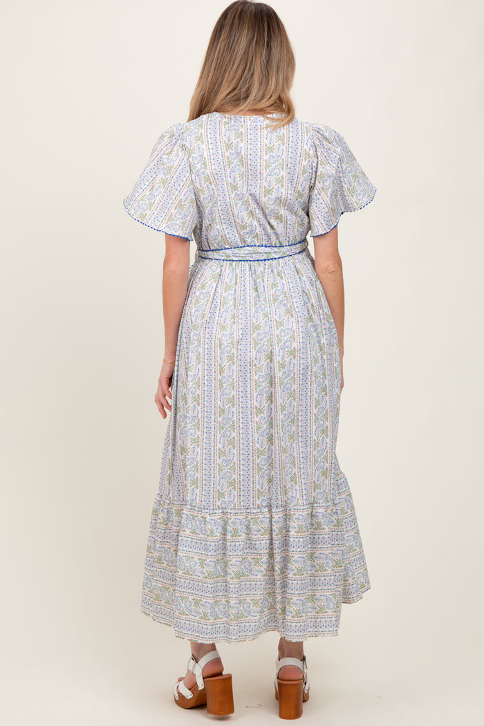 Blue Floral Flutter Sleeve Waist Tie Maternity Maxi Dress