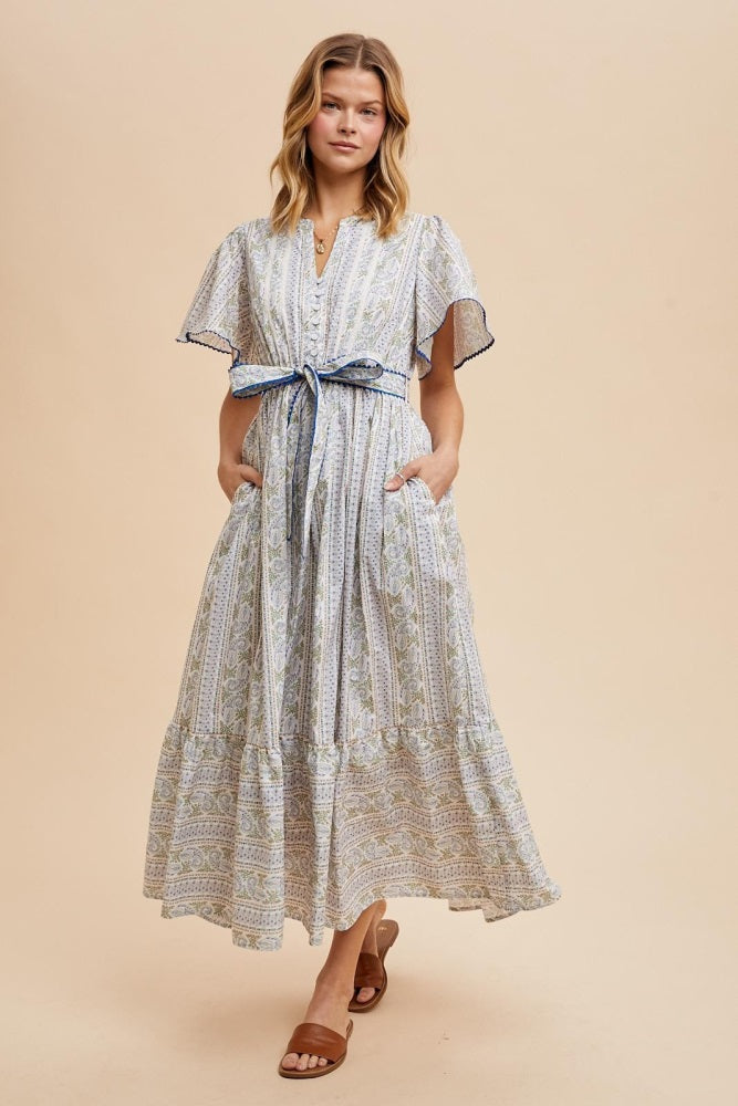 Blue Floral Flutter Sleeve Waist Tie Maxi Dress