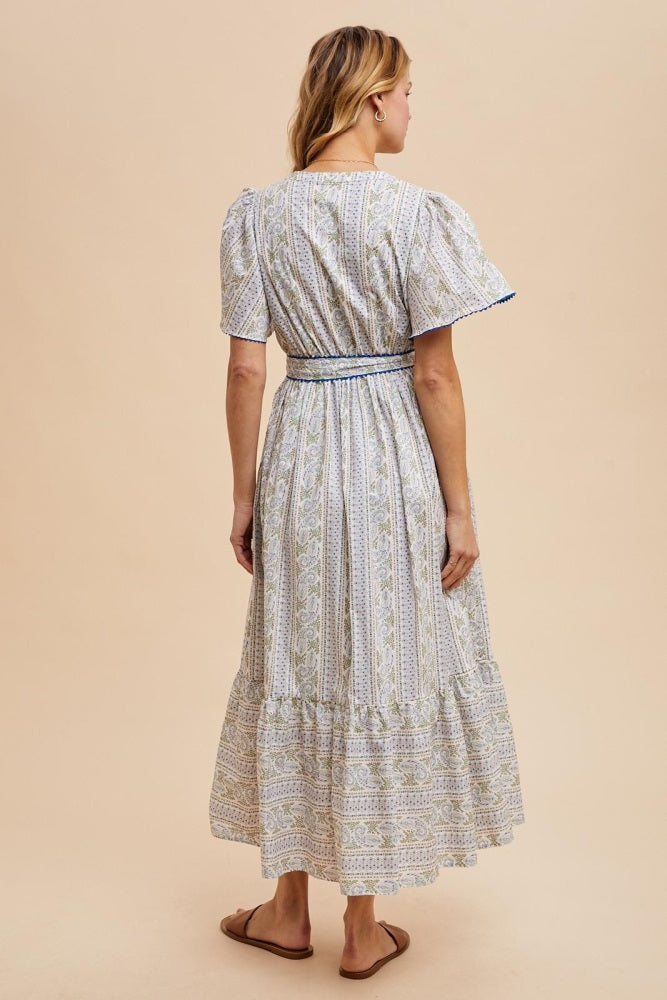 Blue Floral Flutter Sleeve Waist Tie Maxi Dress
