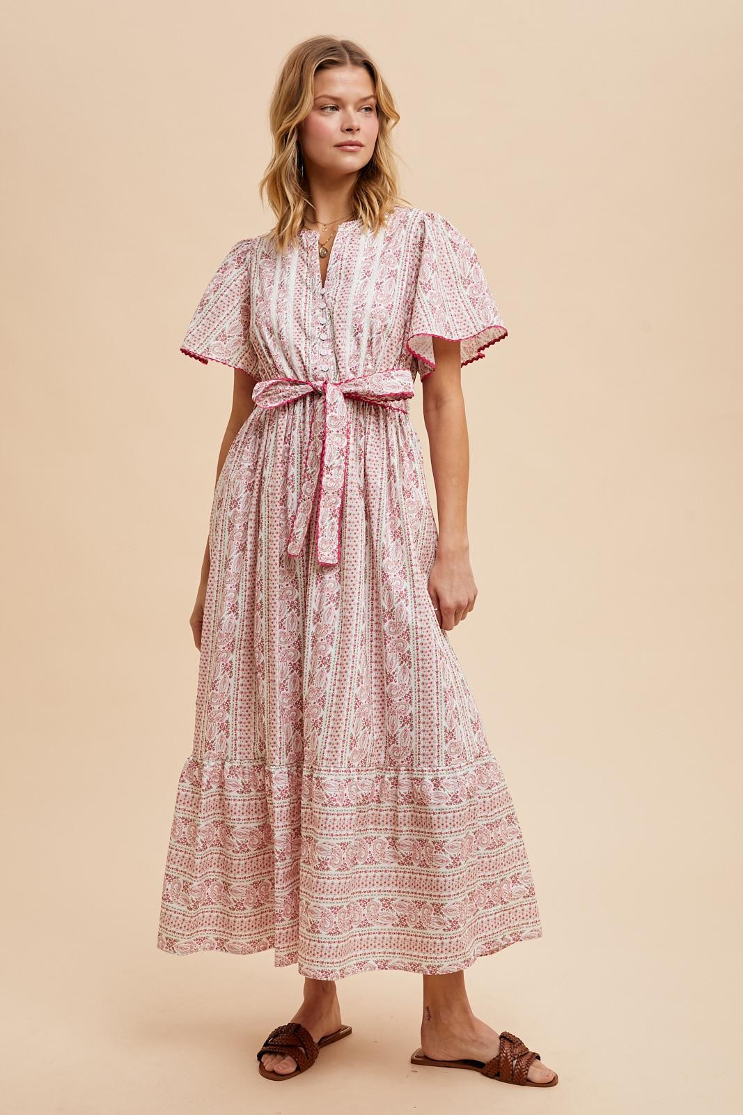 Magenta Floral Flutter Sleeve Waist Tie Maternity Maxi Dress