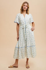 Ivory Floral Button Down Midi Dress