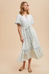 Ivory Floral Button Down Midi Dress