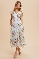 Ivory Garden Floral Lace Trim Button Down Maternity Midi Dress