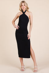 Black Halter Tied Criss-Cross Ribbed Midi Dress