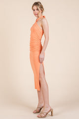 Peach Halter Tied Criss-Cross Ribbed Midi Dress