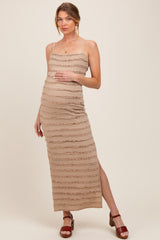 Light Taupe Ruffle Tiered Fitted Maternity Maxi Dress