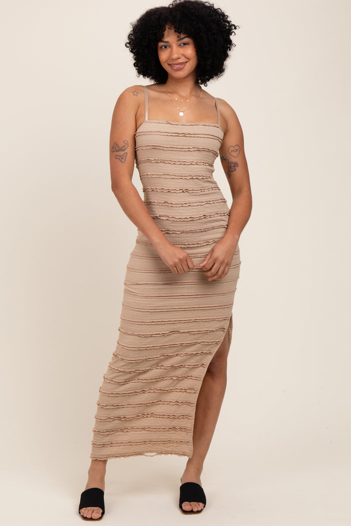 Light Taupe Ruffle Tiered Fitted Maxi Dress