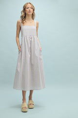 Blue Striped Sleeveless Midi Dress