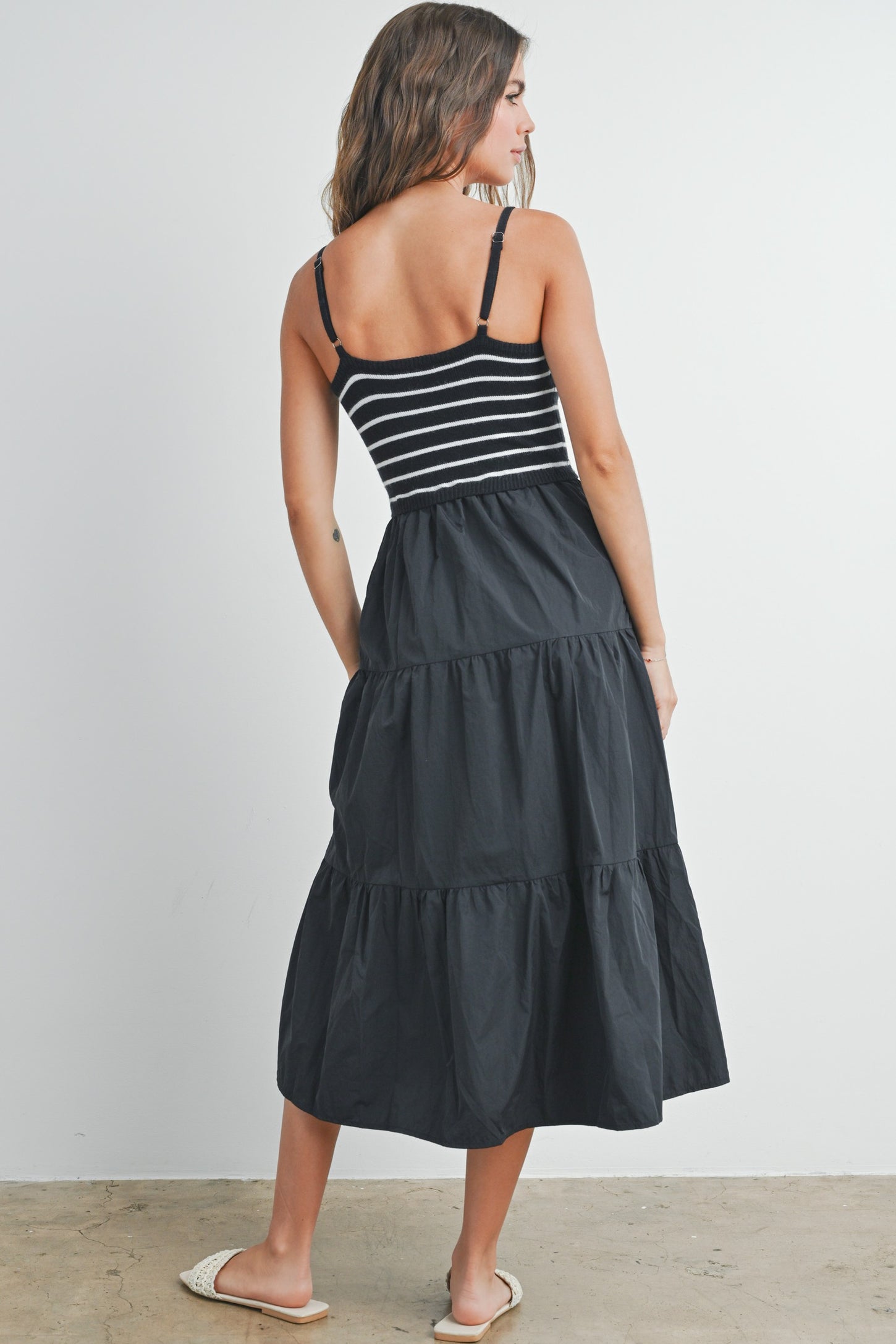 Black Striped Knit Top Tiered Midi Dress