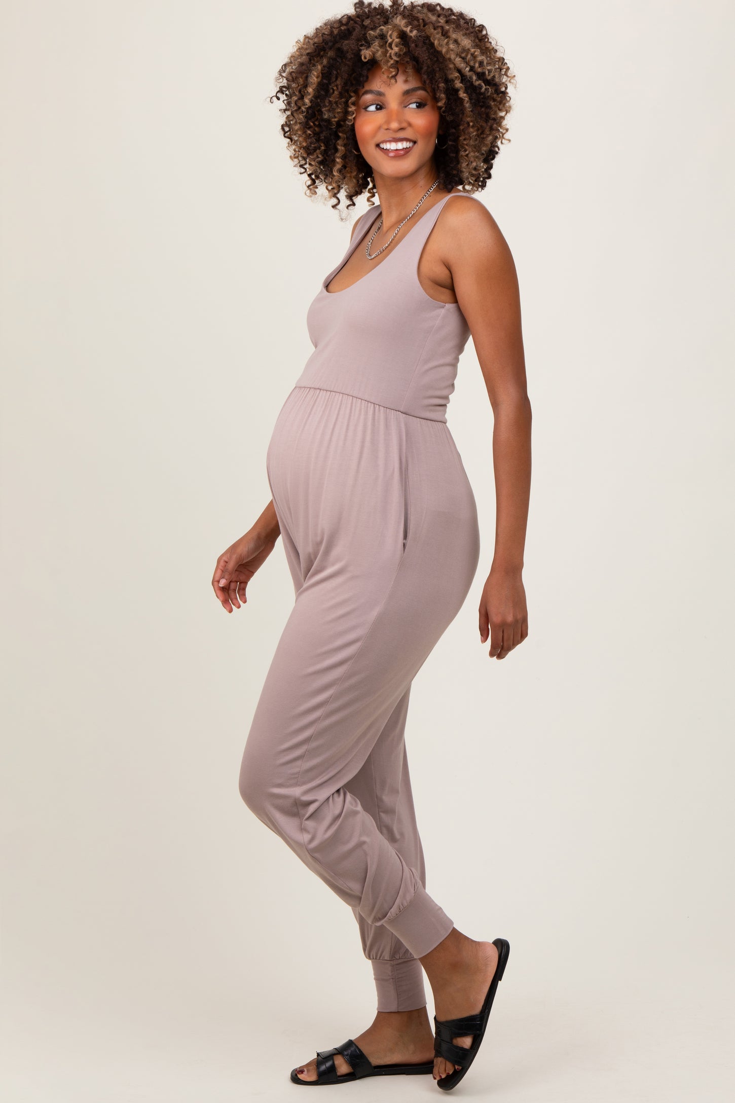 Mocha Scoop Neck Sleeveless Maternity Jogger Jumpsuit