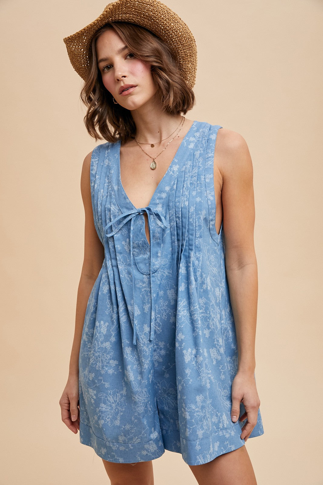 Light Blue Floral Chambray Pleat Front Maternity Romper
