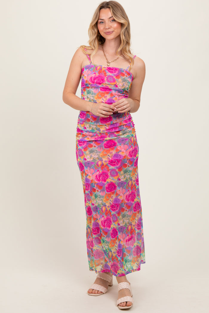 Pink Multi-Color Floral Mesh Ruched Sleeveless Maxi Dress