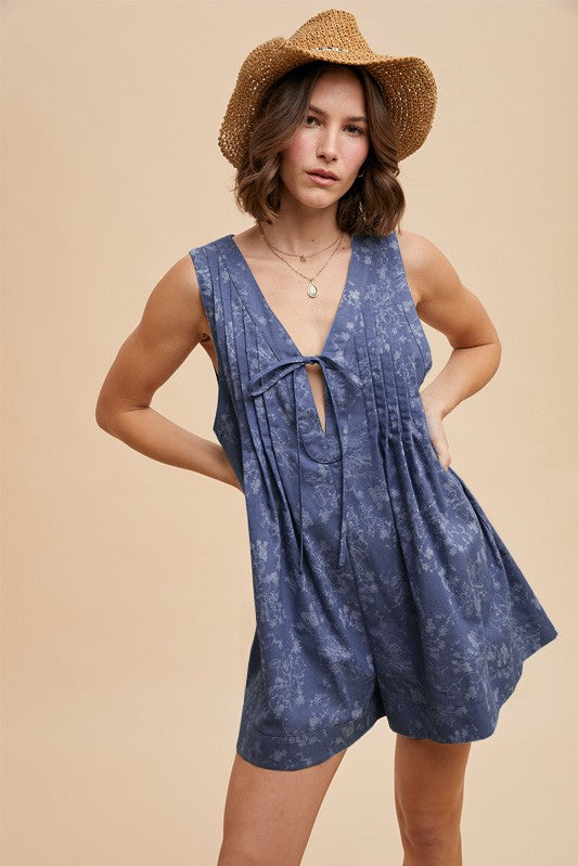 Navy Blue Floral Chambray Pleat Front Maternity Romper