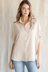 Beige Solid Collared Button-Up Maternity Top