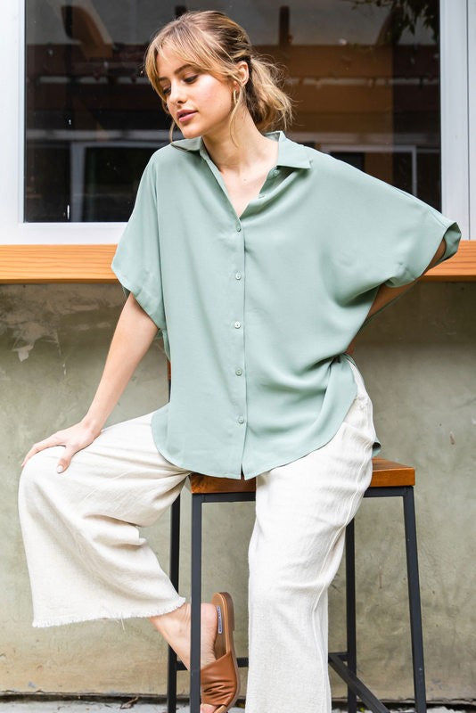 Sage Solid Collared Button-Up Top