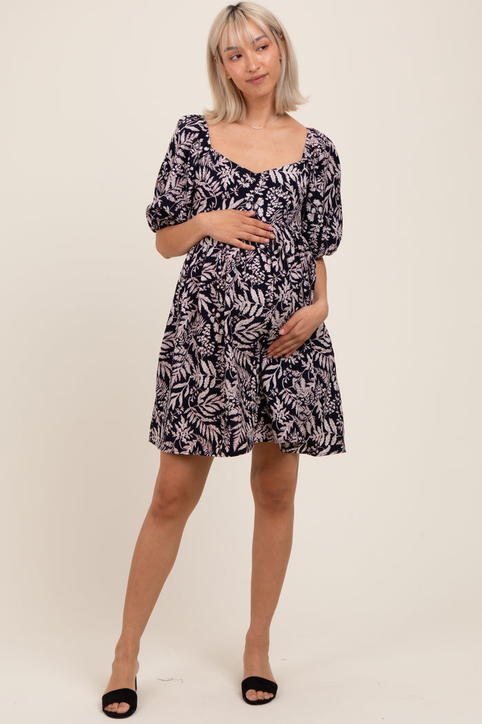 Navy Floral Puff Sleeve Maternity Dress