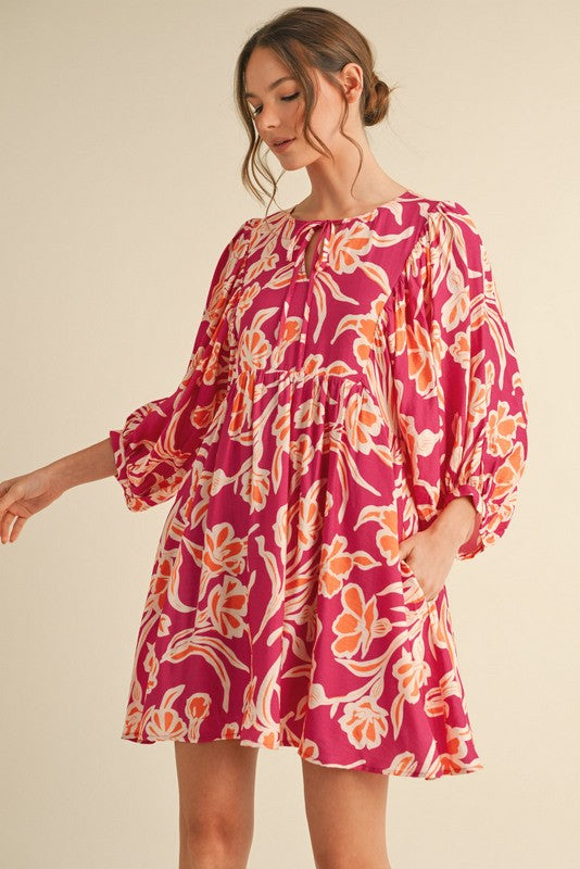 Fuchsia Print 3/4 Balloon Sleeve Dress
