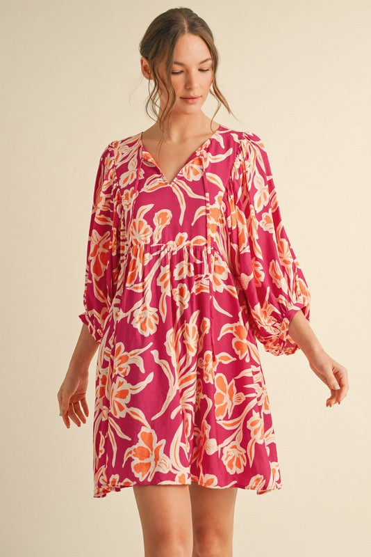 Fuchsia Print 3/4 Balloon Sleeve Dress