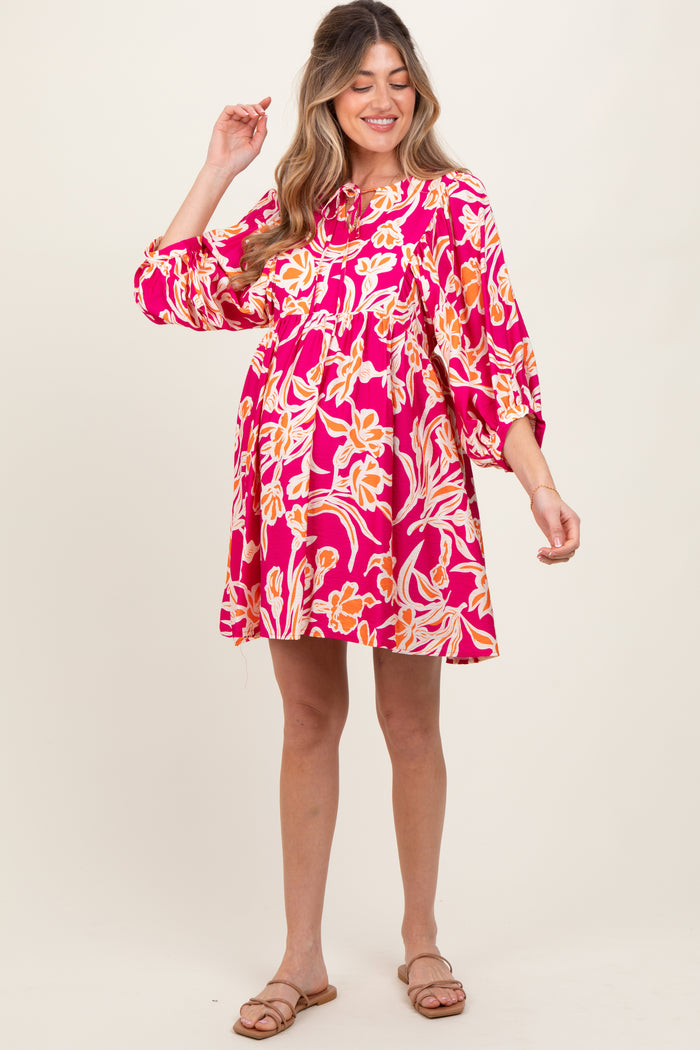 Fuchsia Print 3/4 Balloon Sleeve Maternity Dress