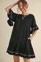Black Solid Short Sleeve Pocketed Dress