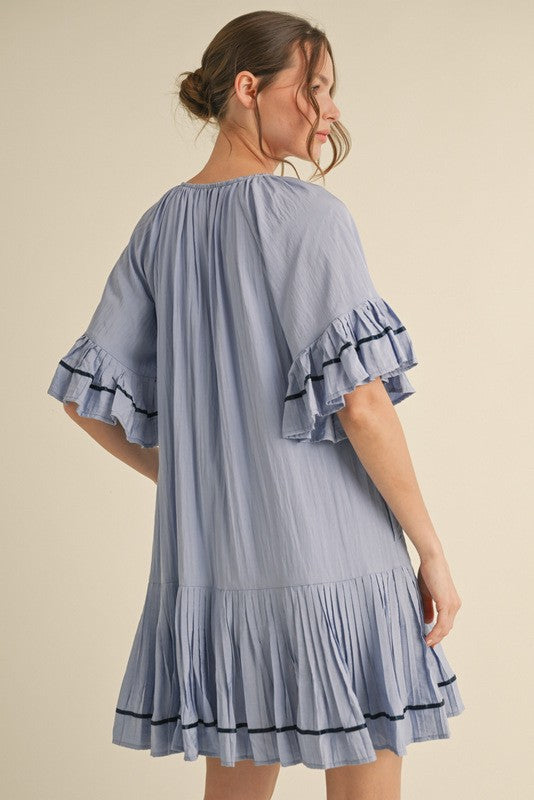 Light Blue Solid Short Sleeve Pocketed Dress