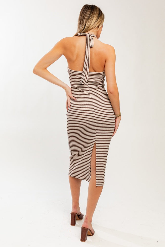 Taupe Striped Halter Neck Midi Dress