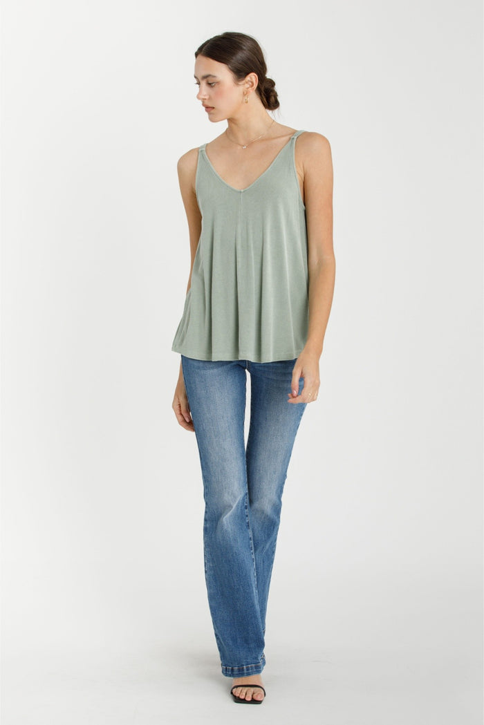 Light Olive Ribbed V-Neck Flowy Tank