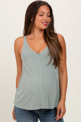 Light Olive Ribbed V-Neck Flowy Maternity Tank
