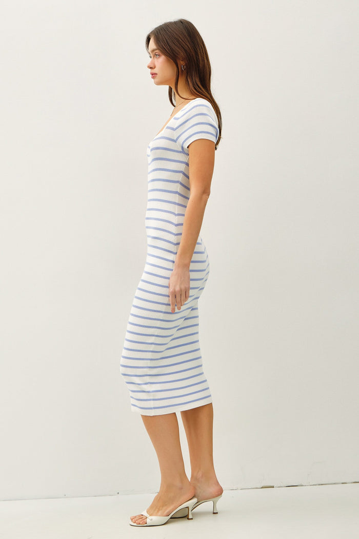 Blue Striped Square Neck Short Sleeve Midi Dress