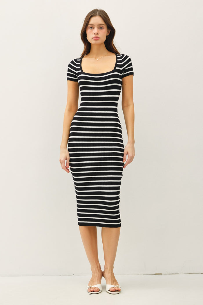 Black Striped Square Neck Short Sleeve Maternity Midi Dress