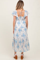 Light Blue Floral Flutter Sleeve Tiered Maternity Maxi Dress
