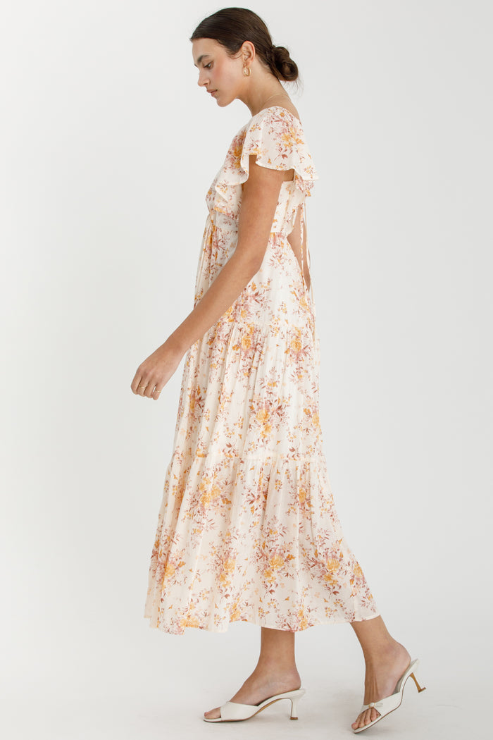 Peach Floral Flutter Sleeve Tiered Maxi Dress