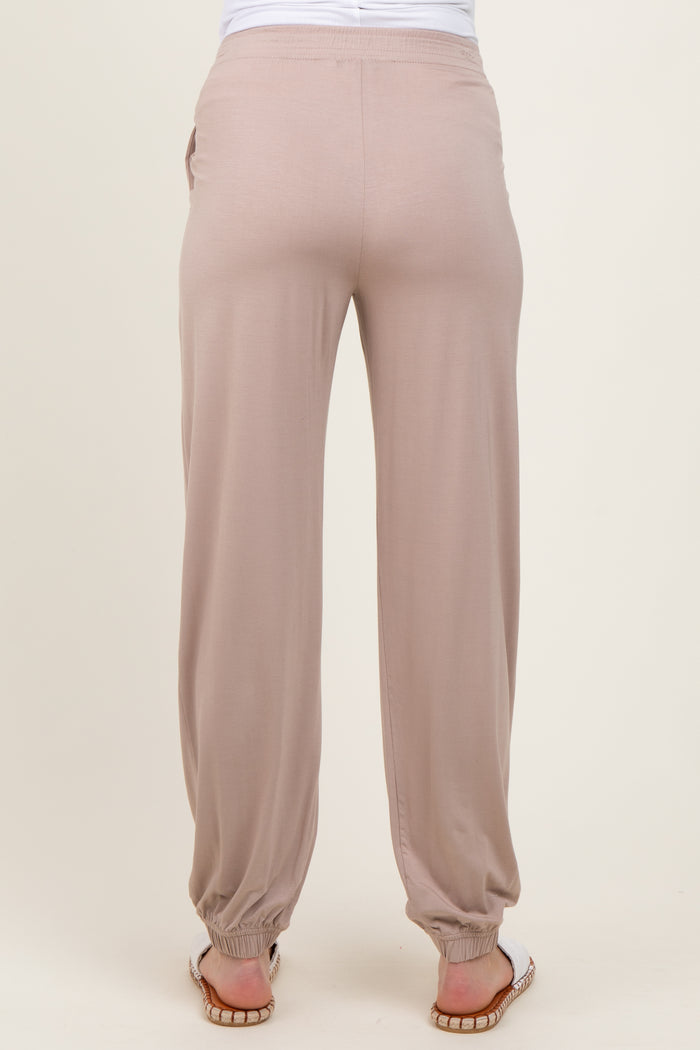 Beige Drawstring Maternity Jogger Pants