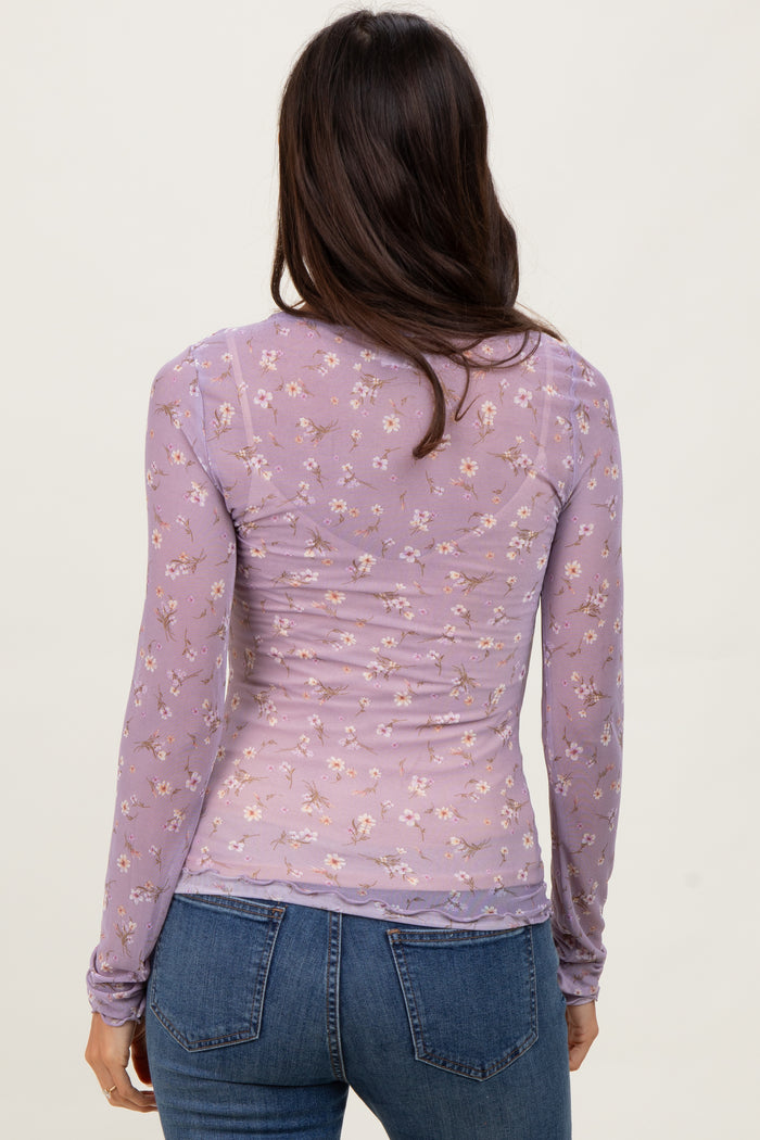 Lavender Ditsy Floral Print Mesh Cabbage Hem Top