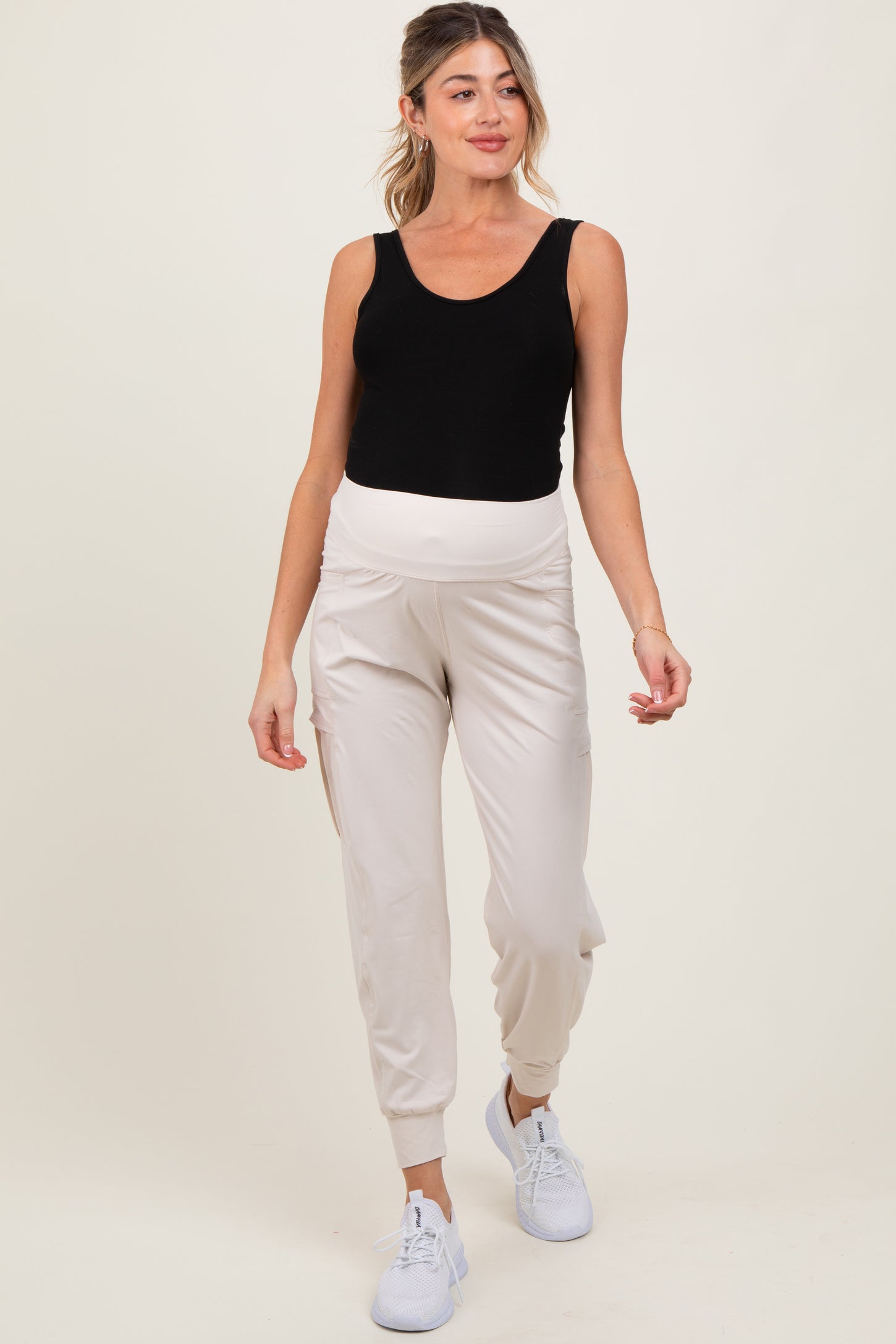 Cream Cargo Pocket Maternity Jogger Pants