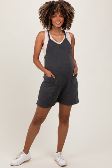 Black Solid Ribbed V-Neck Sleeveless Front Pocket Maternity Romper