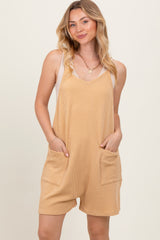 Gold Solid Ribbed V-Neck Sleeveless Front Pocket Romper