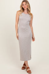 Beige Solid Ribbed Sleeveless Slit Maxi Dress