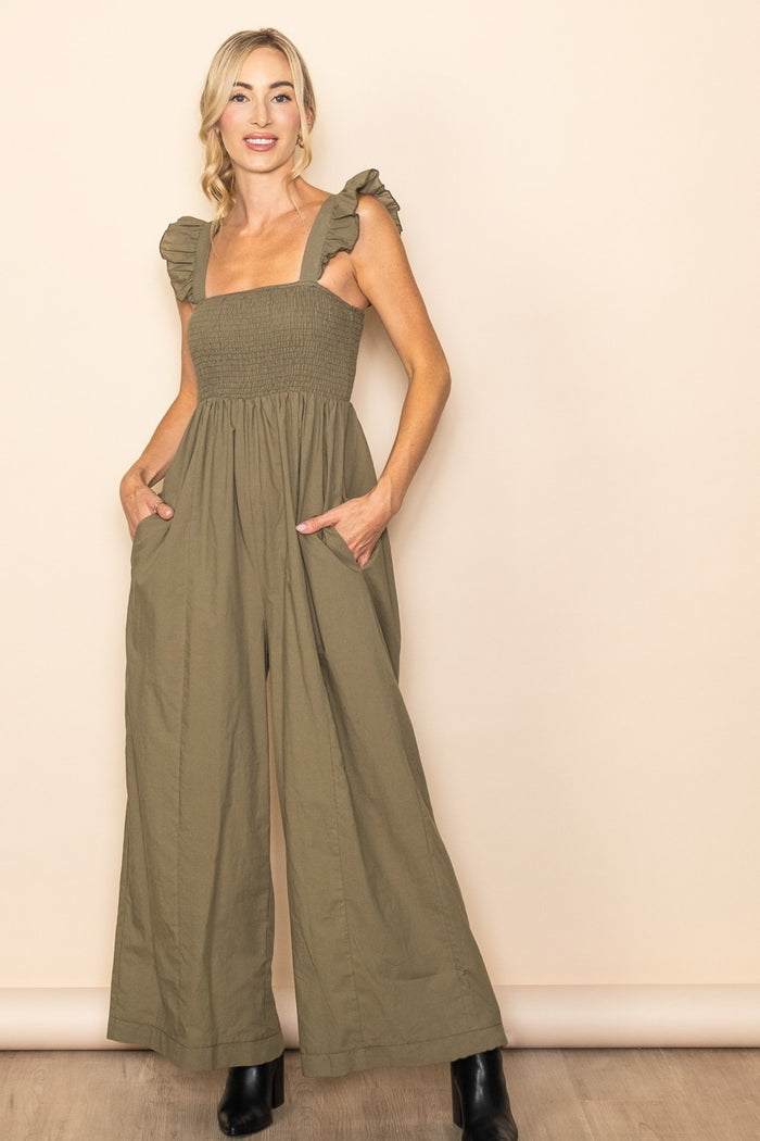Olive Ruffle Strap Smocked Wide Leg Maternity Jumpsuit