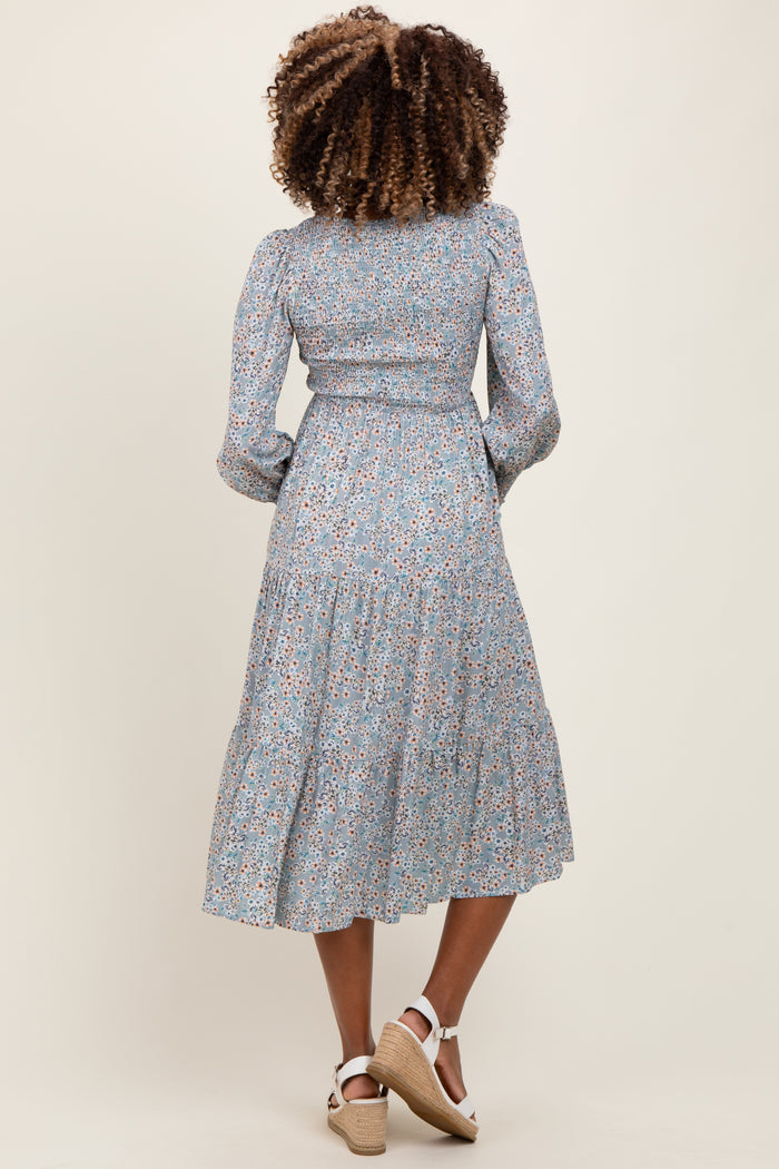 Light Blue Floral Smocked Bubble Sleeve Maternity Midi Dress